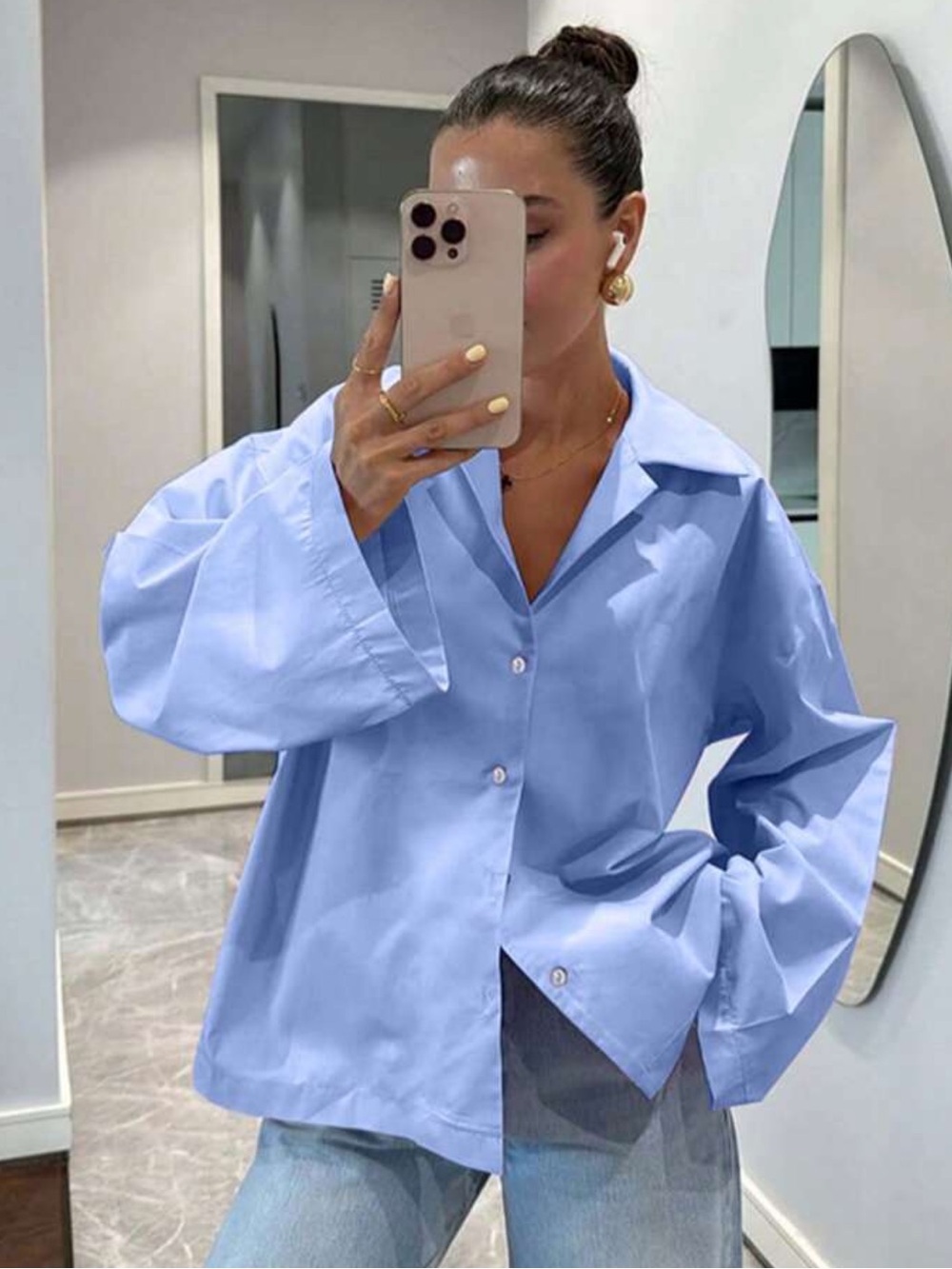 Classic Blue Oversized Button-Up Shirt Bell Sleeves